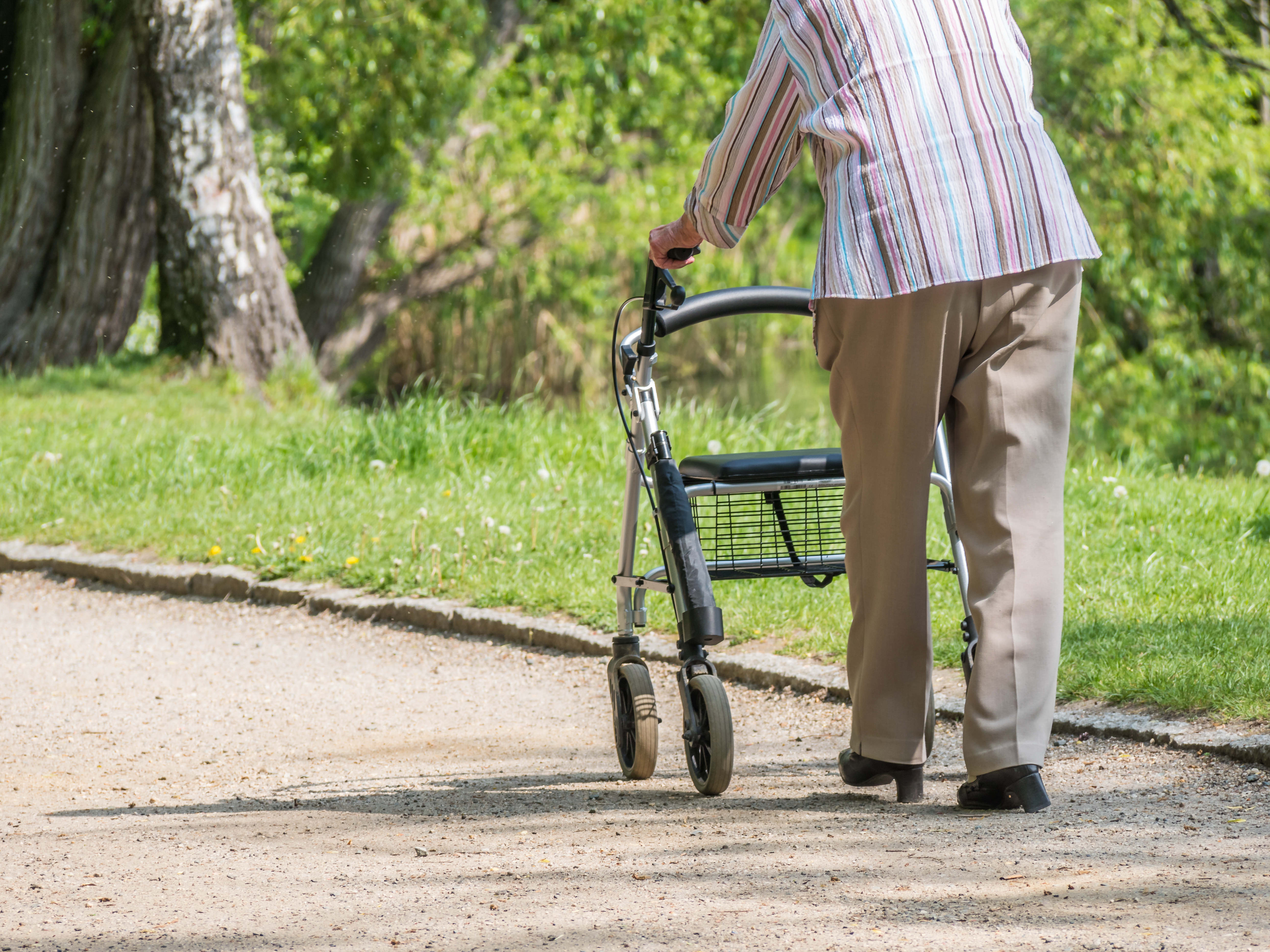 Kvinde går med rollator i skoven